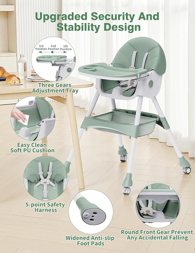 High Chairs for Babies and Toddlers, 4 in 1 Convertible Baby High Chair, Portable High Chair for Travel with Adjustable Height and Back, Foldable HighChair with Wheels& Pu Cushion
