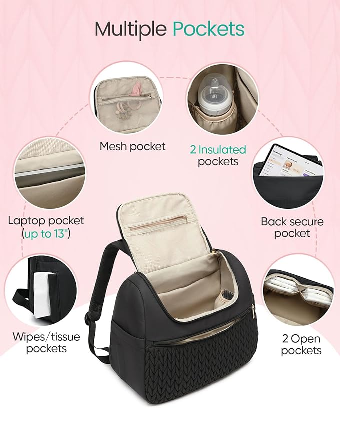 Qualyphant Breast Pump Bag for Spectra S1/S2 & Medela – Insulated Cooler Bag, 13" Laptop Sleeve, Diaper Bags Backpack – Lightweight, Water-resistant & Stylish for Work, Travel, Black