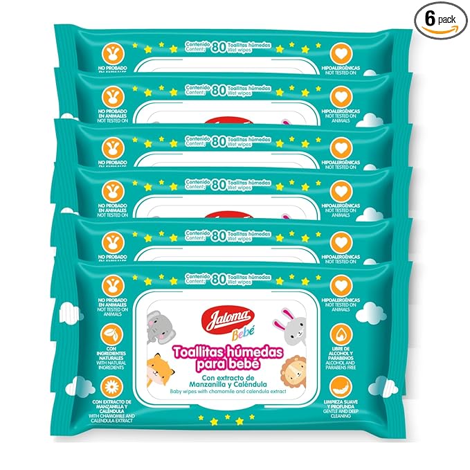 JALOMA Baby Wipes with Chamomile and Calendula Extract, Hypoallergenic and Paraben Free, 6-Pack of 80 Wet Wipes (480 Count)
