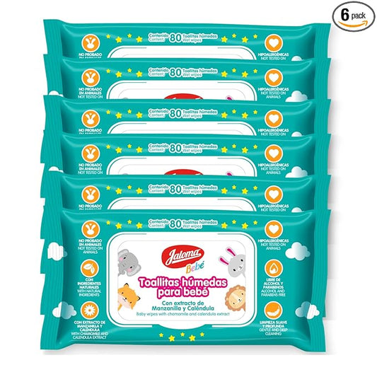 JALOMA Baby Wipes with Chamomile and Calendula Extract, Hypoallergenic and Paraben Free, 6-Pack of 80 Wet Wipes (480 Count)