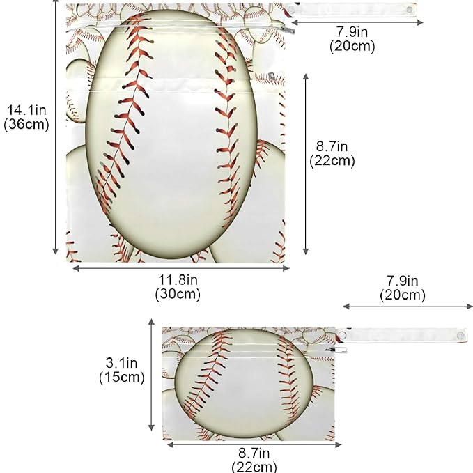 visesunny Baseball 2Pcs Wet Bag with Zippered Pockets Washable Reusable Roomy for Travel,Beach,Pool,Daycare,Stroller,Diapers,Dirty Gym Clothes, Wet Swimsuits, Toiletries