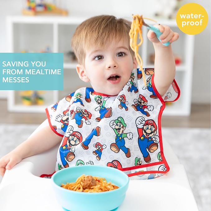Bumkins Nintendo Super Mario Short Sleeve Bib for Girl or Boy, Toddler and Kids for 1-3 Years, Large Size, Essential Must Have for Junior Children, Eating, Play, Mess Saving Soft Fabric Apron, 2-pack