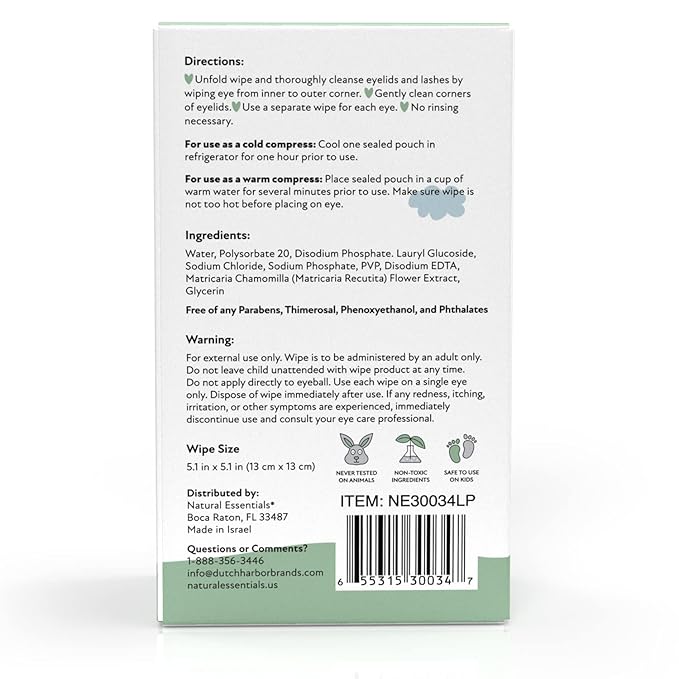 Natural Essentials Lil' Peepers Baby Eye Wipes and Eyelid Cleanser, Preservative-Free & Rinse-Free, Pediatrician Recommended Hypoallergenic Soft Eyelid Wipes for Babies, Kids & Adults, 30 Count (2pk)