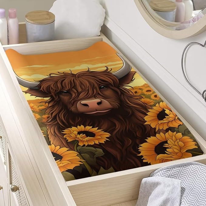 Highland Cow Changing Pad Cover Baby Changing Table Sheets for Boys Girls Sunflower Gifts Soft Breathable Changing Pad Covers Fit 32"x16" Changing Mat Sheet