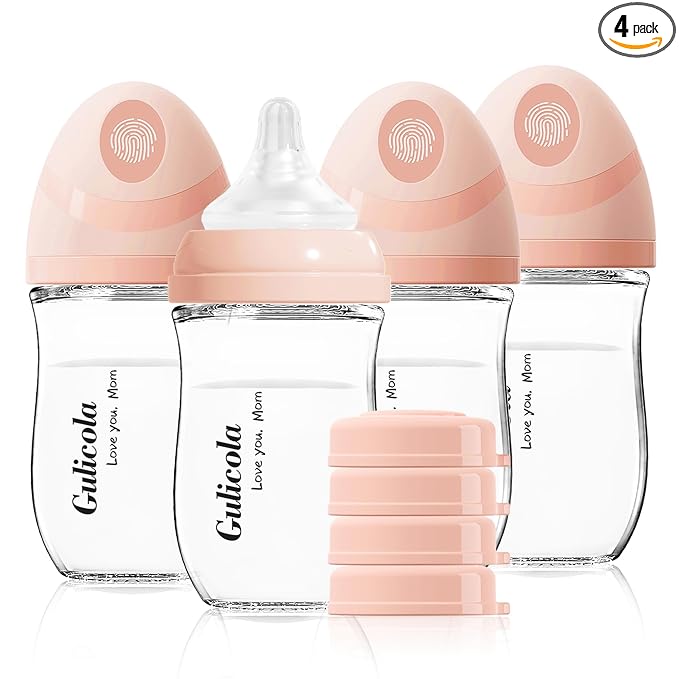 Gulicola Natural Glass Baby Bottle 4 Pack, Newborn Breastfeeding Bottles Set, Extra Slow Flow Nipples (SS), Anti Colic, 0 Months+, 5 oz - Pink