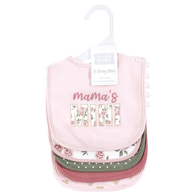 Hudson Baby Infant Girl Cotton Bibs, Mama Mauve Sage Rose, One Size