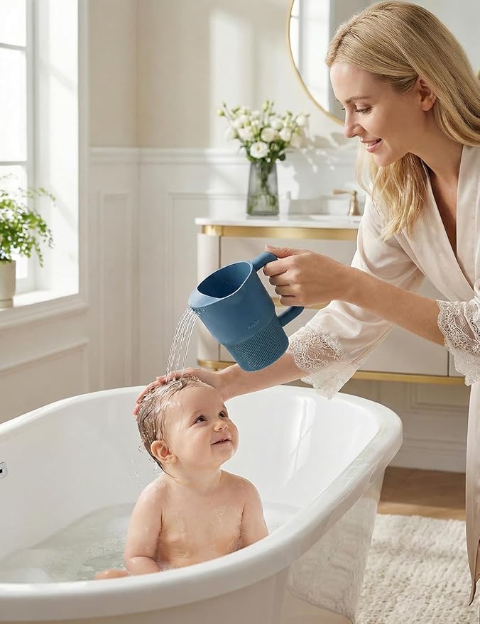 Roslim Silicone Baby Bath Rinse Cup - Shampoo & Body Washing Rinser for Kids & Toddlers, Lightweight Bath Cups for Rinsing Hair, Easy-Grip Handle, Ultra Soft Material (Ocean Blue)