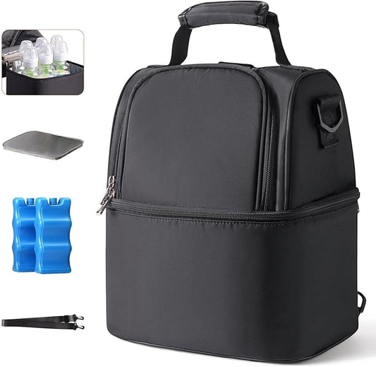 NCVI Breastmilk Cooler Bag with 2 Ice Pack, Breast Pump Bag with Cooler Fits 6 Bottles, Double Layer Breast Milk Travel Bag Baby Bottle, for Travel, Nursing Mom Daycare, Work, Picnic (Black)