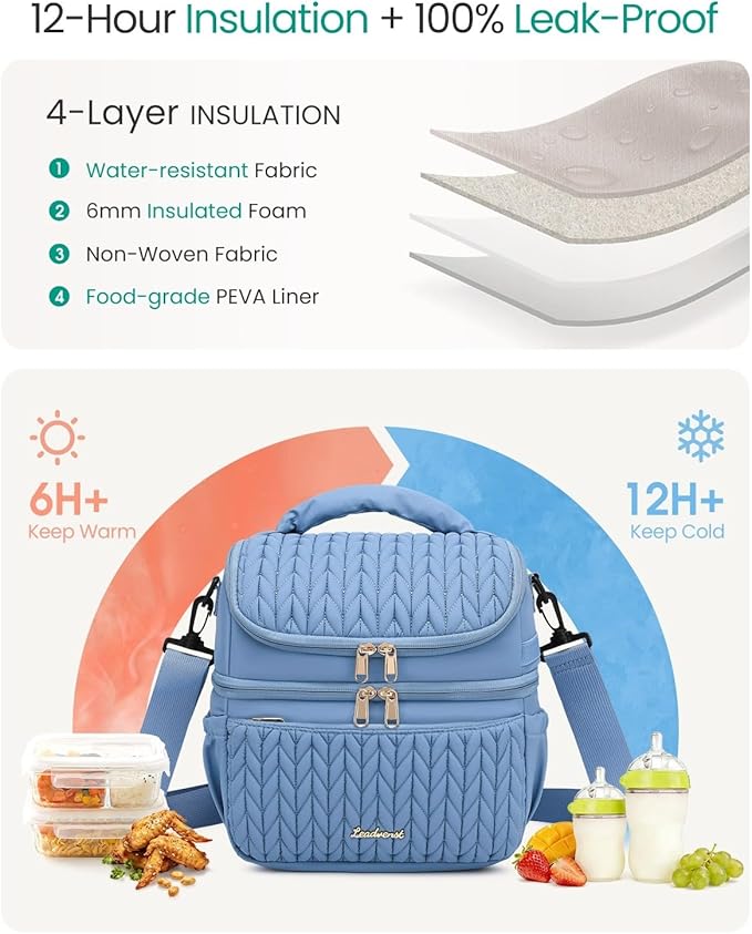 Breastmilk Cooler Bag - Large Capacity 12L & 10-Hour Insulated Bottle Cooler Bag with Detachable Divider for Tall Baby Bottles | Dual Deck Lunch Box for Women | Breast Pump Bags for Work