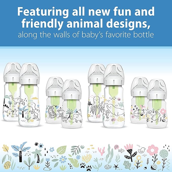 Dr. Brown’s Natural Flow® Anti-Colic Options+™ Wide-Neck Baby Bottle Designer Edition Bottles, Dinosaur and Ocean Design, 9 oz/270 mL, Level 1 Nipple, 4-Pack, 0m+