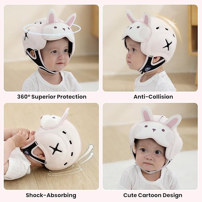 Mambobaby Baby Head Protector Helmet for Crawling and Walking, Breathable Soft Helmet, Ultra-Lightweight & Adjustable, Prevents Bumps Safety Helmet for Infants Toddlers 6-24 Months (Fluffy Bunny)