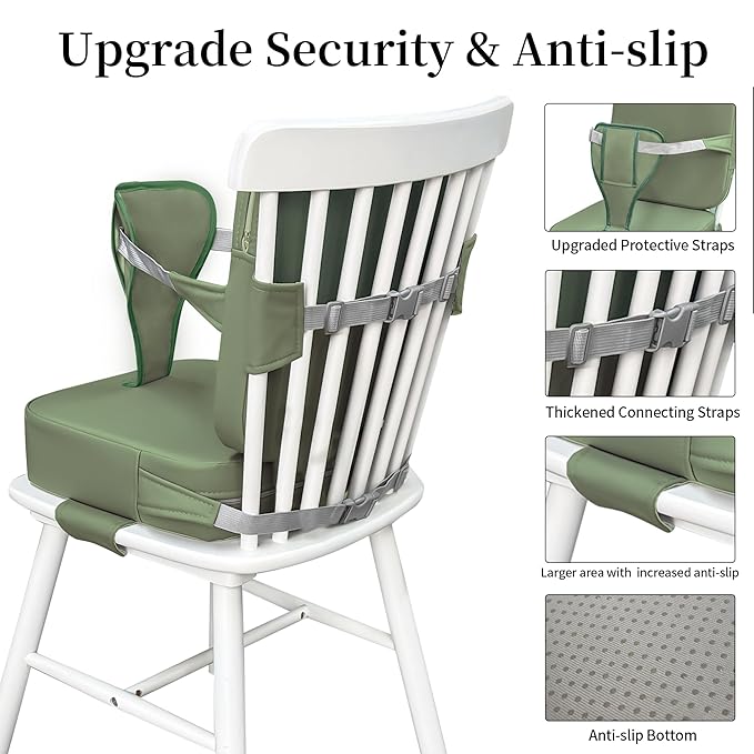 Eiury Toddler Booster Seat for Dining Table – Non-Slip PU Waterproof Cushion with Backrest & Adjustable Straps, Portable Baby Booster Seat (Green)