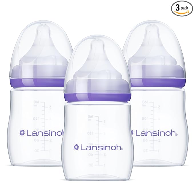 Lansinoh Anti-Colic Baby Bottles, BPA-Free Plastic, 5 Ounces, 3 Count, Slow Flow Nipples (Size S), Breastfeeding Bottle with NaturalWave Design, Baby Essentials