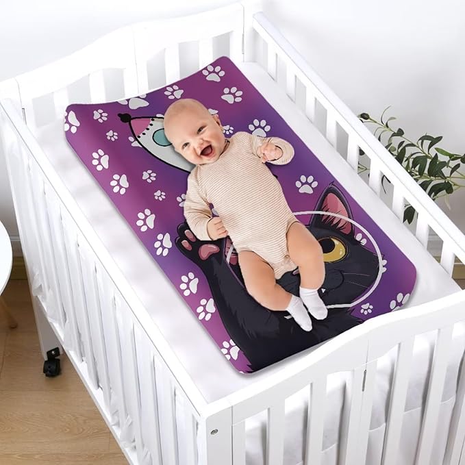 Black Cat Astronaut Changing Pad Covers Waterproof Baby Diaper Change Table Covers, Decorative Covers for Change Contoured Pad Nursing Room Decor