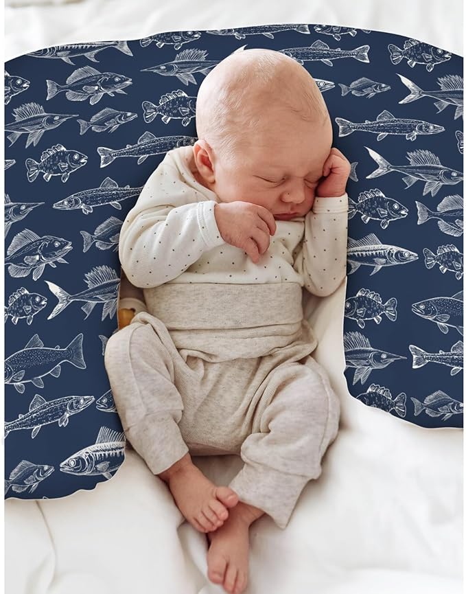 Navy Freshwater Fish Nursing Pillow Covers for Boy Girl Bass Carp Trout Salmon Lake Nursing Pillow Slipcovers for Breastfeeding Pillows Fishing Lover Gift Soft Stretchy Cover for Newborn Infant