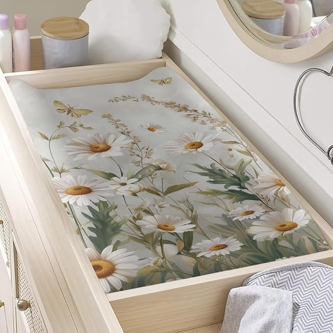 Daisy Print Changing Pad Cover for Baby Soft Diaper Change Table Covers with Elastic Edge Washable Changing Pads Liners for Newborn Fashion Nursery Decor