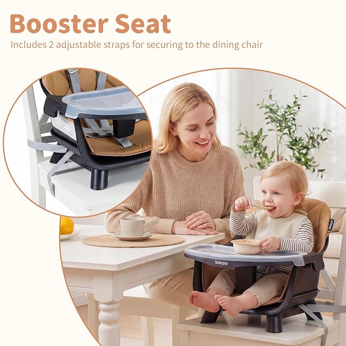 BABY JOY 8-in-1 High Chair, Convertible Wooden Highchairs for Babies and Toddlers | Dining Booster Seat | Toddler Stool, Double Removable Tray, 5-Point Safety Harness & Waterproof PU Cushion (Coffee)