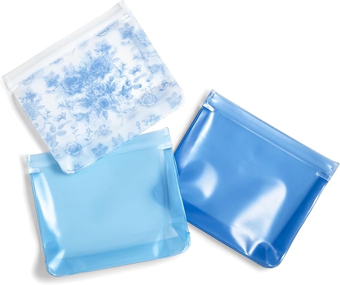 Fit & Fresh Reusable Sandwich Bags (3 Pack) – Leakproof Reusable Food Storage Bags, BPA-Free, Freezer Safe, Eco Friendly Bags for Snacks, Lunch, Meal Prep, Blue Floral Toile