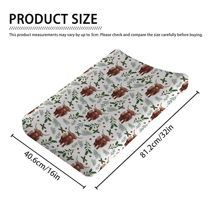 Highland Cows Christmas Cherry Pine Fir Leaves Changing Pad Covers Yak Winter Xmas Baby Diaper Change Table Sheets for Boys Girls Soft Stretchy Fitted Changing Table Mats Covers 32''x16''
