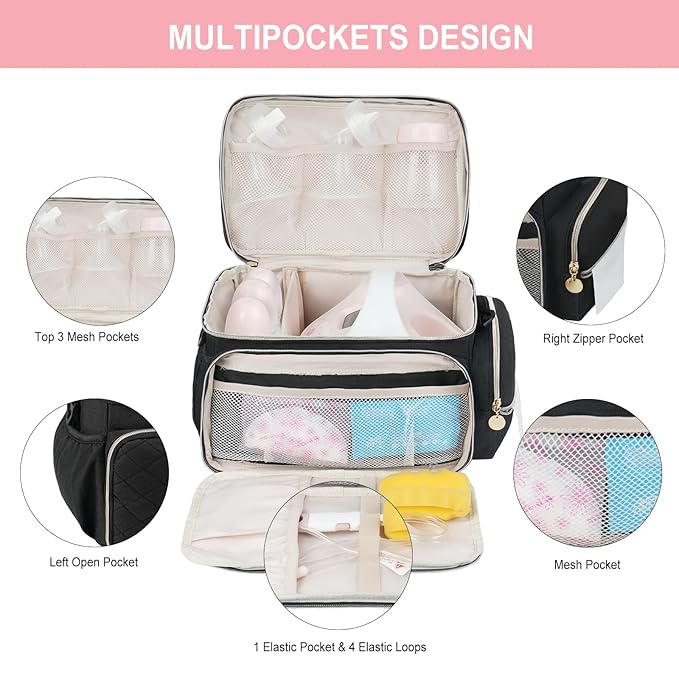 Breast Pump Bag Compatible with Spectra S1 and S2, Breast Pumping Travel Storage Bag with Waterproof Mat for Pumping Essentials and Accessories, Black