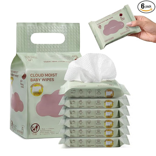 Bc Babycare Cloud Moist Baby Travel Wipes, 6 Pack, On The Go Pocket Size, Ultra Thick, 99% Water, Unscented, Hypoallergenic for Sensitive Skin, Biodegradable
