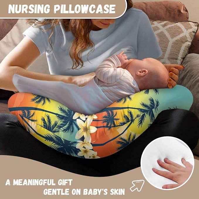 Forchrinse Hawaiian Palm Tree Plumeria Rainbow Sky Nursing Pillow Cover Breastfeeding Pillow Slipcover Soft Stretch Pillow Cover for Breastfeeding