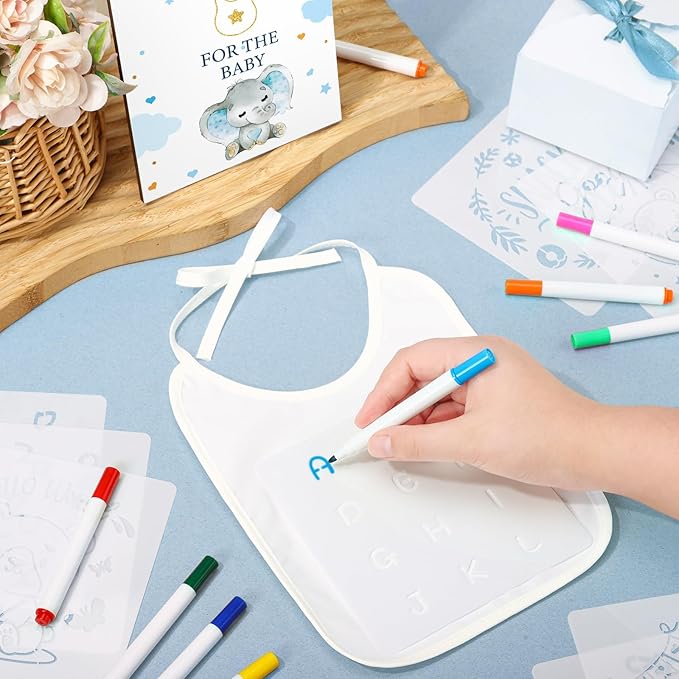Panitay 100 Pcs DIY Baby Bibs Decorating Kit 50 White Bibs 25 Stencils 24 Markers 1 Baby Shower Game Sign