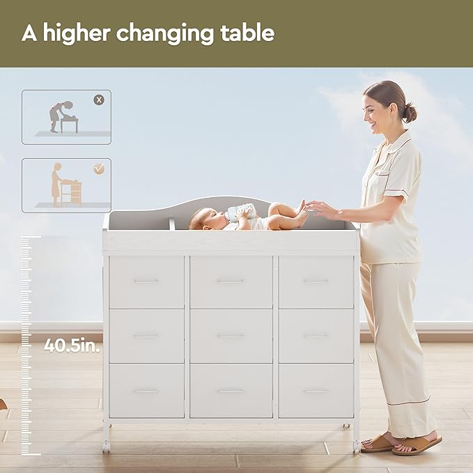 YeTom Baby Changing Table with 9 Fabric Boxes, Waterproof Diaper Changing Station & Pad, Mobile Nursery Diaper Changing Table, Baby Furniture, White