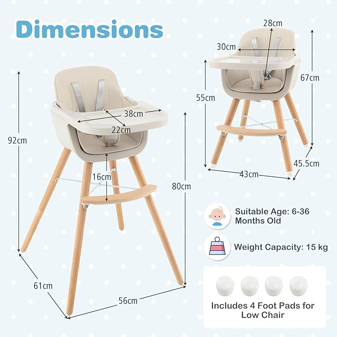HONEY JOY Baby High Chair, 6-in-1 Eat & Grow Wooden Highchair/Toddler Chair with Removable Tray, 5-Point Harness, PU Cushion and Footrest, Convertible High Chair for Babies and Toddlers(Beige)