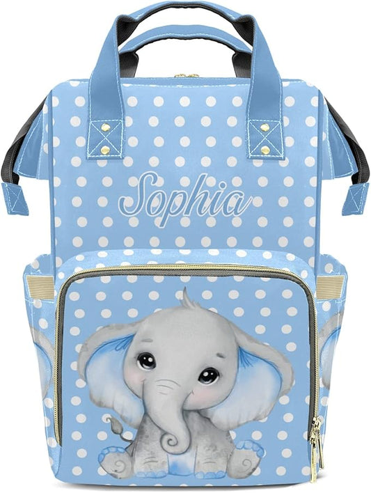 Elephant Polka Dot Blue Diaper Backpack with Name Custom Backpack Mommy Nappy Baby Bag Waterproof Casual Travel Daypack Tote Bag for Mom Dad