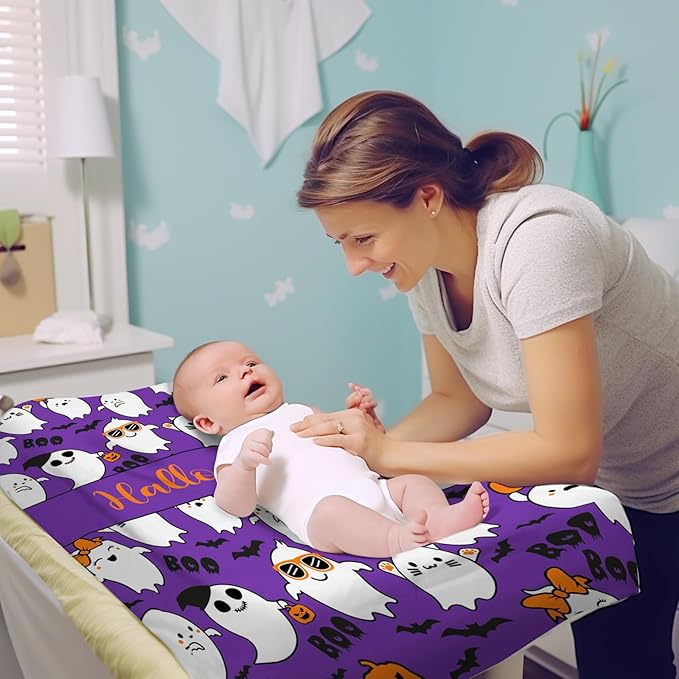 KAINSY Personalized Halloween Changing Pad Cover, Custom Diaper Change Table Sheets with Name, Purple Ghost Print Soft Jersey Knit Change Table Sheets, 2 Pack Changing Pad Covers (16" x 32")