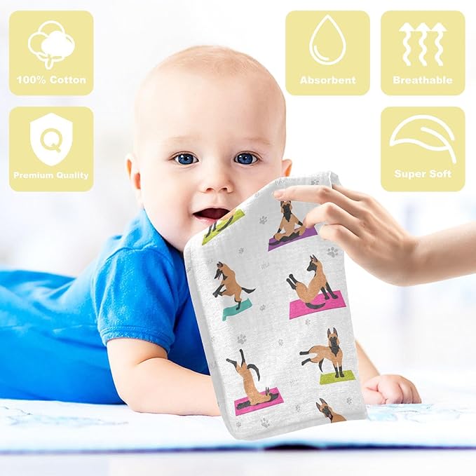 vvfelixl Baby Cotton Washcloths Belgian Malinois Yoga Infants Bath Towel for Unisex Face Towels for Newborn, Natural Baby Wipes Delicate Skin, 11.8 X 11.8 inch, one sizex5