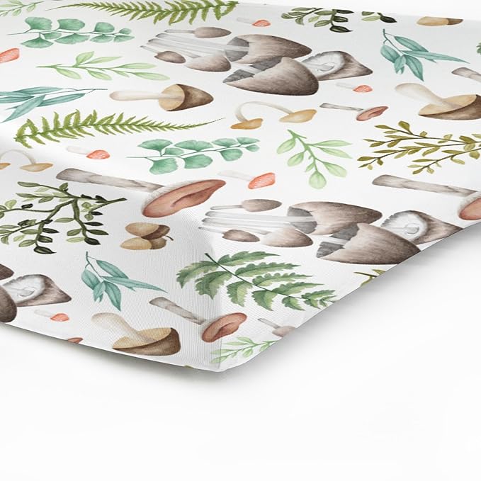 Mushrooms Forest Changing Pad Covers Watercolor Mushroom Green Leaves Diaper Changing Table Sheets for Girl Boy Wild Plant Soft Breathable Stretch Fitted Baby Change Table Mats 32''x16''