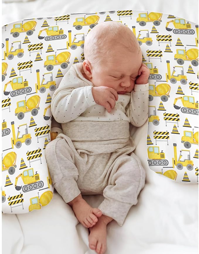 Watercolor Construction Trucks Baby Nursing Pillow Cover for Boy Girl Excavator Dump Truck Nursery Pillowcase for Breastfeeding Pillows Construction Vehicles Soft Stretchy Slipcover for Newborn Infant
