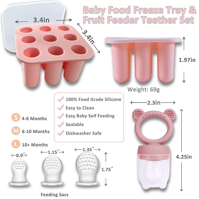 JEXFUN Silicone Baby Fruit Food Feeder Pacifier & Breastmilk Popsicle Freezer Molds, Baby Food Storage Containers Breast Milk Ice Cubes for Baby Teething & Infant Self Feeding, BPA Free (Blue)