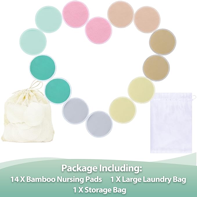 wegreeco Nursing Breast Pads (14 Pack) + Laundry Bag & Travel Storage Bag, 4.7 inch Option - Washable & Reusable Breastfeeding Nursing Pads (Red, Yellow, and Blue, Large, Plain Shape)