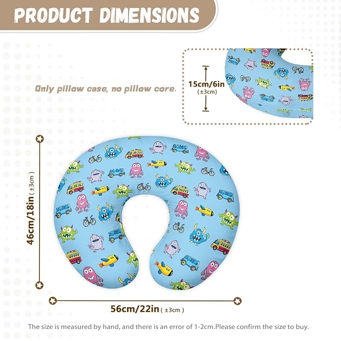 Baby Nursing Pillow Cover Monster Cartoon Car Breastfeeding Pillow Cover Boys Girls Nursing Pillow Case for Newborn, Soft Fabric Fits Snug On Infant Washable