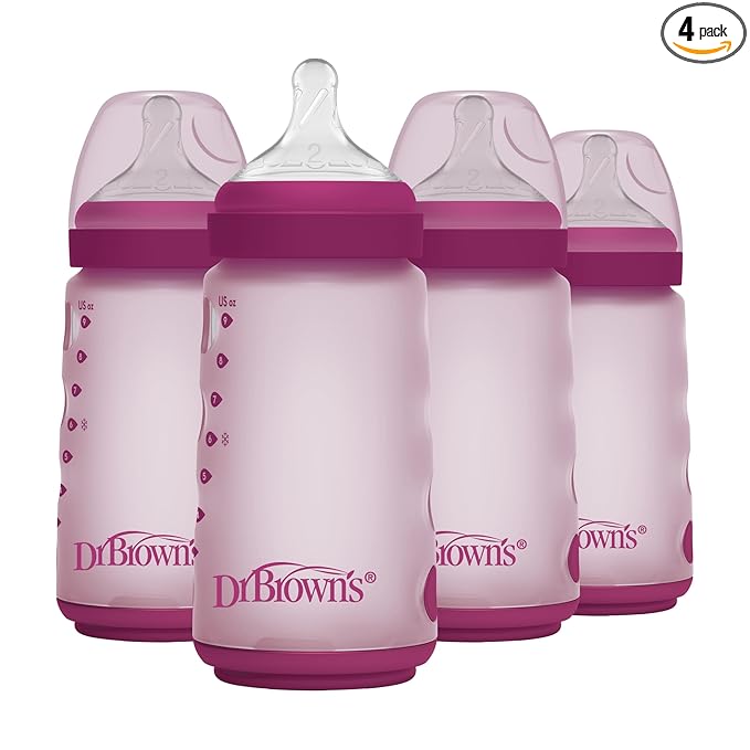 Dr. Brown's Silicone Baby Bottle with Collapsible Insert Designed to Reduce Colic, 9 oz with Wide-Neck Level 2 Medium Flow Nipple, 3m+, Pink, 4-Pack