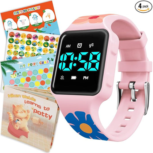 Toddler Potty Training Set – Potty Training Watch with Musical/Vibration Countdown Alerts, Fun Board Book, Progress Chart & Reward Stickers – Interactive Potty Training Kit for Kids Ages 2-6