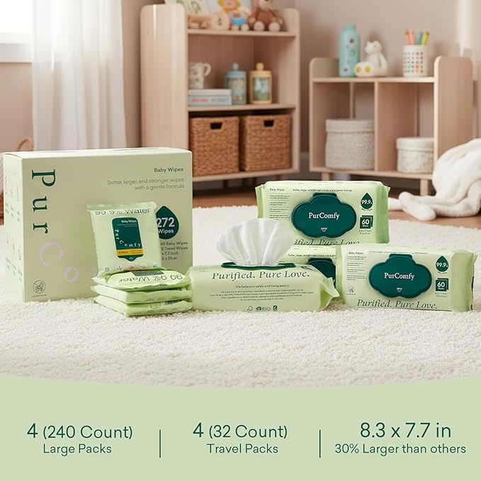 PurComfy Baby Wipes Unscented, 4 Flip-Top Packs + 4 Travel Pack Baby Wipes with Plant Based, Hypoallergenic for Sensitive Newborn Skin, Total 272 Count Wipes