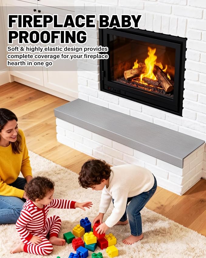 Fireplace Baby Proofing, Soft Seat Edge Cushion with Adhesive Backing, 78'' Foam Hearth Pad for Stone Brick Fire Place Bumper Protector for Toddlers Babies Child, Gray