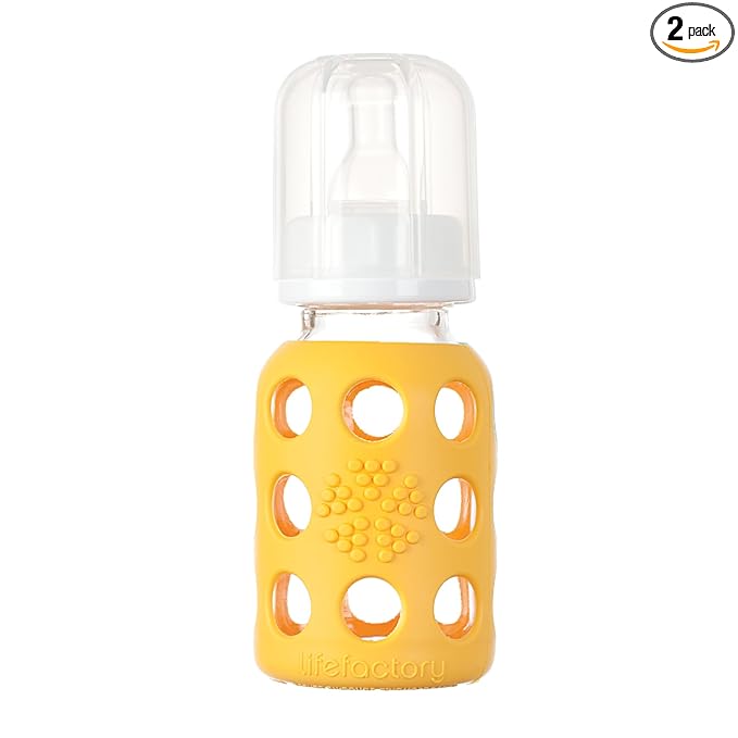 Lifefactory 4-Ounce BPA-Free Glass Baby Bottle with Protective Silicone Sleeve and Stage 1 Nipple, Yellow