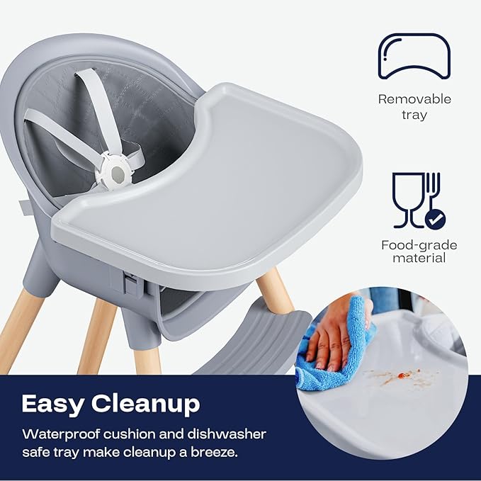 Fodoss Convertible Baby High Chair with Wood Legs and Removable Dishwasher Safe Tray for Boys and Girls，Highchair Toddler with 5 Point Safety Harness