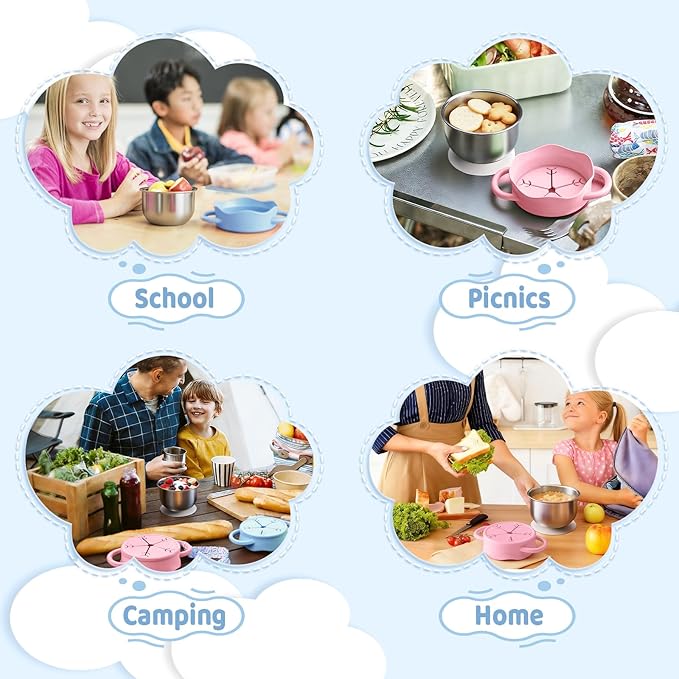Qtencas 2 Pack Stainless Steel Snack Containers for Toddlers with Spill-Proof Silicone Lids and Handles, Food Grade Snack Cups for Toddlers Kid（Pink and Blue）