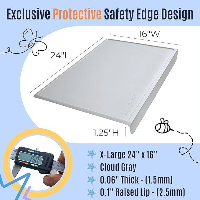 Silicone Craft Mat for Painting, PlayDoh and Art Projects with Angle-Protective Safety Edge – Toddlers & Kids Placemat – Non-Slip & BPA-Free Food Mat – 1.5mm Thick, 24"x16", Cloud Gray