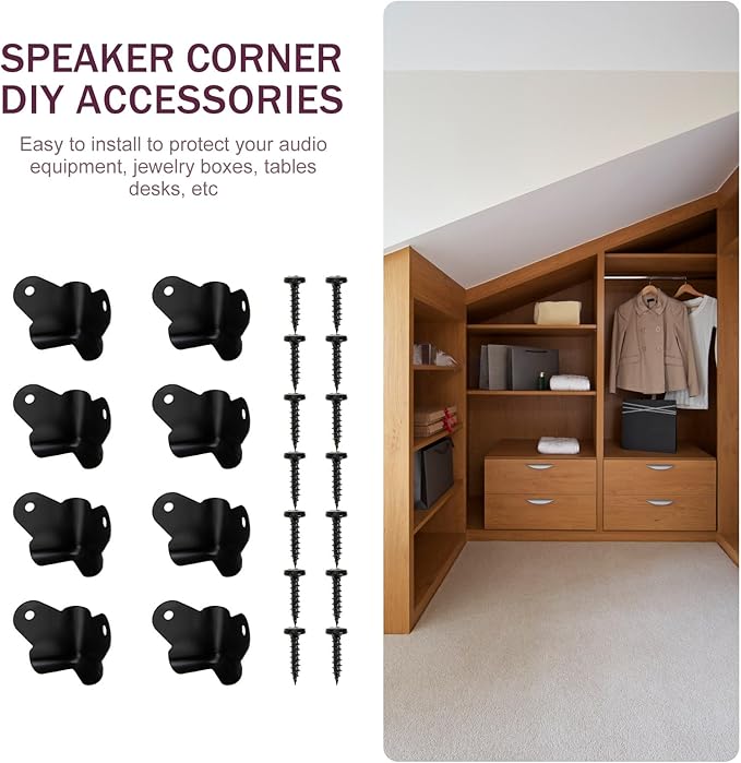 FOMIYES Black Iron Speaker Corner Protectors, 8pcs Metal Box Corner Guards for Furniture, 1.96x1.57x1.57inch, Anti-Collision and Anti-Skid, Includes Screws