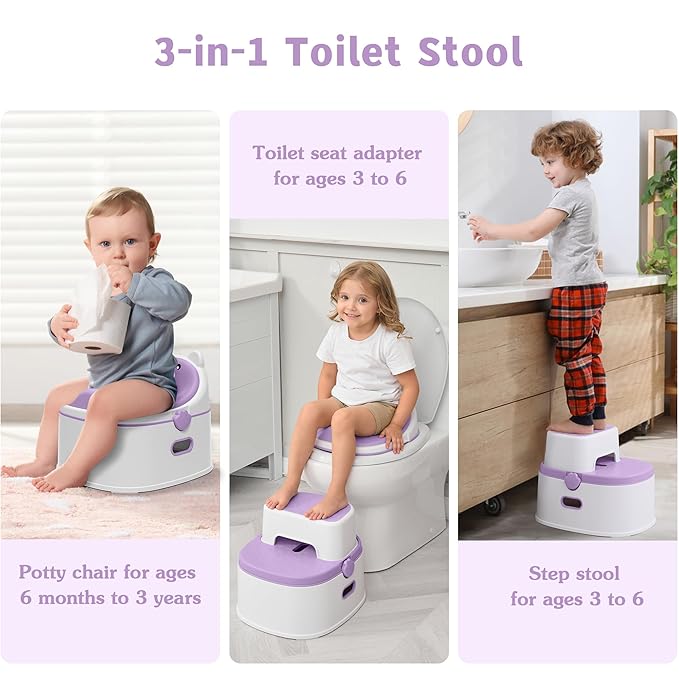 3-in-1 Potty Training Toilet, Portable Potty, Potty Training Seat and Toddler Step Stool, Easy Setup and Clean, Anti-Slip Toddler Potty Trainer for Boy Girl,Lavender