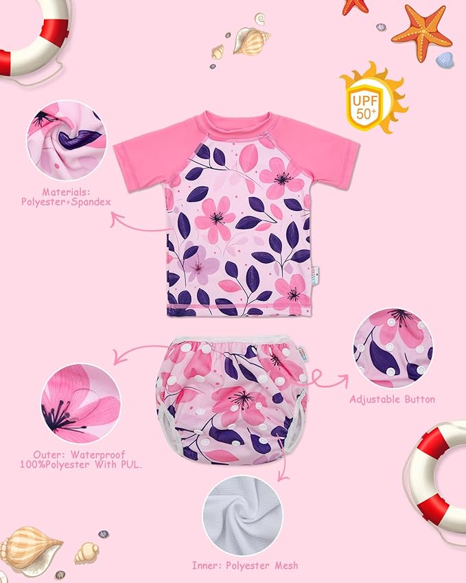 ALVABABY Baby Girl Swimsuit, 2-Piece Infant Toddler Bathing Short Sleeve Swimwear, Small Baby Reusable Swim Diaper with Matching Top