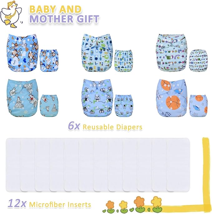 TDIAPERS Cloth Diapers Reusable Washable Pocket Diapers Cover One Size Adjustable for Baby 6 Pack with 12 Inserts