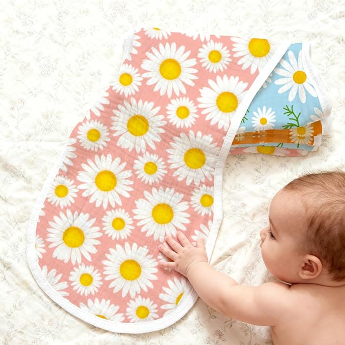 6-Pack Baby Burp Cloths with 3 Unique Daisy Prints, 100% Cotton Muslin Crinkle Burping Rags for Feeding & Spitting Up, Absorbent Newborn Washcloths, Aesthetic Gift Set